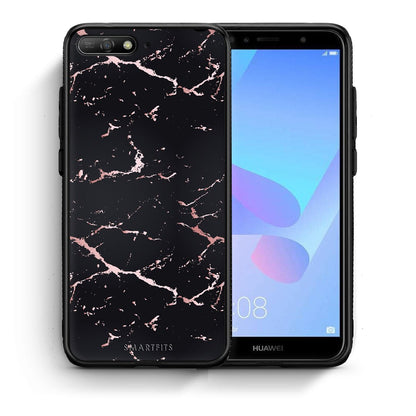 Θήκη Huawei Y6 2018 Black Rosegold Marble από τη Smartfits με σχέδιο στο πίσω μέρος και μαύρο περίβλημα | Huawei Y6 2018 Black Rosegold Marble case with colorful back and black bezels