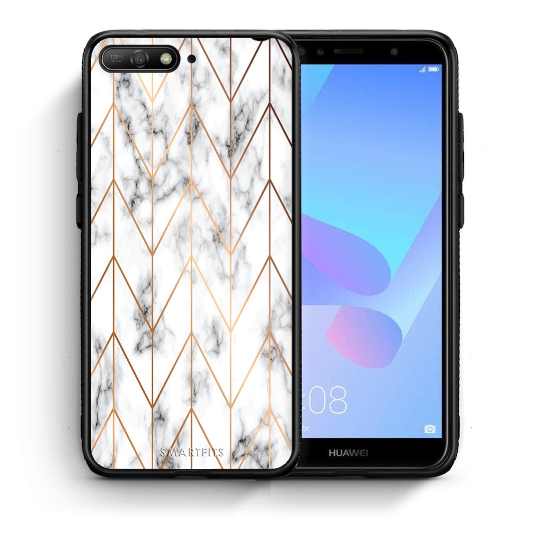 Θήκη Huawei Y6 2018 Gold Geometric Marble από τη Smartfits με σχέδιο στο πίσω μέρος και μαύρο περίβλημα | Huawei Y6 2018 Gold Geometric Marble case with colorful back and black bezels