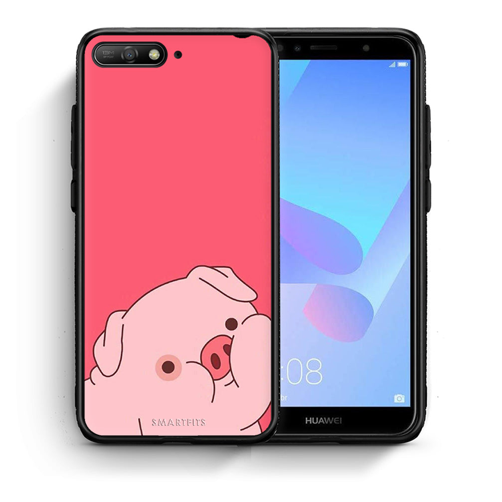 Θήκη Αγίου Βαλεντίνου Huawei Y6 2018 Pig Love 1 από τη Smartfits με σχέδιο στο πίσω μέρος και μαύρο περίβλημα | Huawei Y6 2018 Pig Love 1 case with colorful back and black bezels