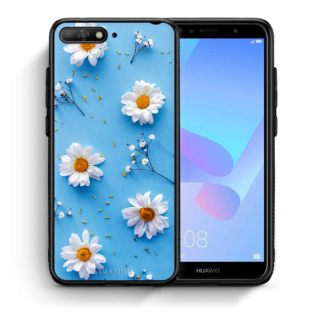 Θήκη Huawei Y6 2018 Real Daisies από τη Smartfits με σχέδιο στο πίσω μέρος και μαύρο περίβλημα | Huawei Y6 2018 Real Daisies case with colorful back and black bezels