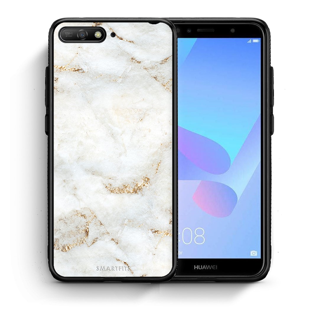 Θήκη Huawei Y6 2018 White Gold Marble από τη Smartfits με σχέδιο στο πίσω μέρος και μαύρο περίβλημα | Huawei Y6 2018 White Gold Marble case with colorful back and black bezels