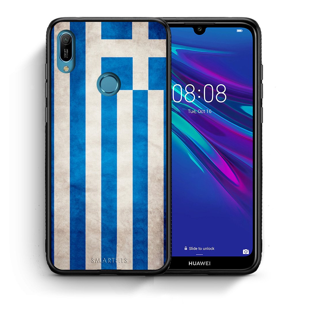 Θήκη Huawei Y6 2019 Greek Flag από τη Smartfits με σχέδιο στο πίσω μέρος και μαύρο περίβλημα | Huawei Y6 2019 Greek Flag case with colorful back and black bezels