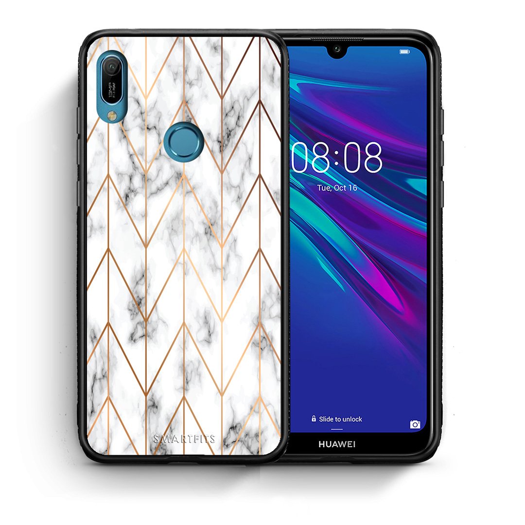 Θήκη Huawei Y6 2019 Gold Geometric Marble από τη Smartfits με σχέδιο στο πίσω μέρος και μαύρο περίβλημα | Huawei Y6 2019 Gold Geometric Marble case with colorful back and black bezels
