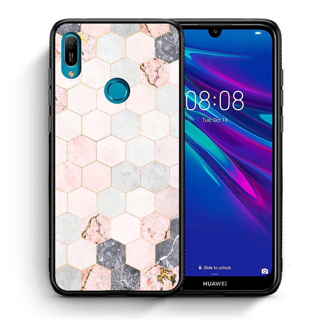 Θήκη Huawei Y6 2019 Hexagon Pink Marble από τη Smartfits με σχέδιο στο πίσω μέρος και μαύρο περίβλημα | Huawei Y6 2019 Hexagon Pink Marble case with colorful back and black bezels