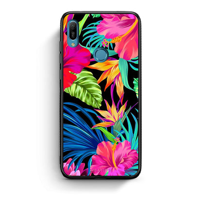 Huawei Y6 2019 Tropical Flowers θήκη από τη Smartfits με σχέδιο στο πίσω μέρος και μαύρο περίβλημα | Smartphone case with colorful back and black bezels by Smartfits