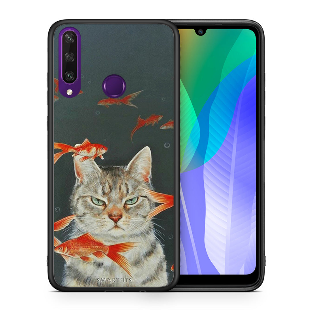 Θήκη Huawei Y6p Cat Goldfish από τη Smartfits με σχέδιο στο πίσω μέρος και μαύρο περίβλημα | Huawei Y6p Cat Goldfish case with colorful back and black bezels