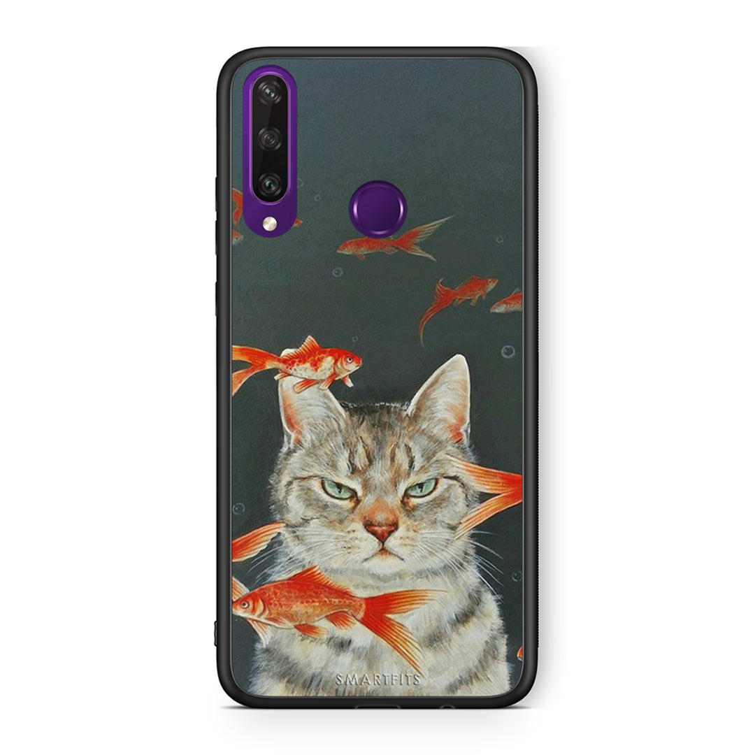 Huawei Y6p Cat Goldfish θήκη από τη Smartfits με σχέδιο στο πίσω μέρος και μαύρο περίβλημα | Smartphone case with colorful back and black bezels by Smartfits