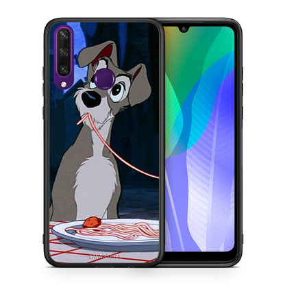 Θήκη Αγίου Βαλεντίνου Huawei Y6p Lady And Tramp 1 από τη Smartfits με σχέδιο στο πίσω μέρος και μαύρο περίβλημα | Huawei Y6p Lady And Tramp 1 case with colorful back and black bezels