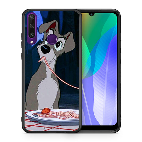Θήκη Αγίου Βαλεντίνου Huawei Y6p Lady And Tramp 1 από τη Smartfits με σχέδιο στο πίσω μέρος και μαύρο περίβλημα | Huawei Y6p Lady And Tramp 1 case with colorful back and black bezels
