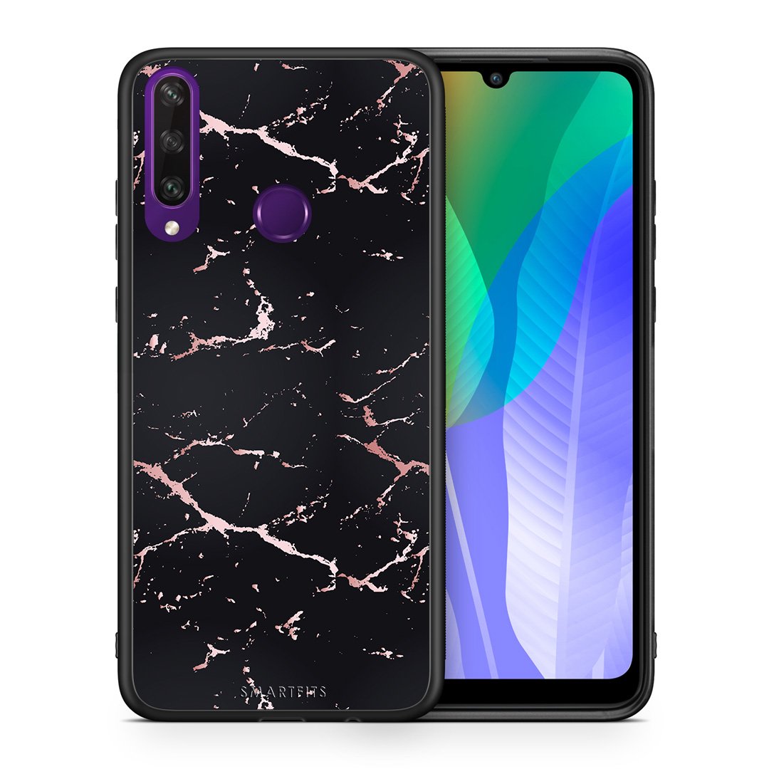 Θήκη Huawei Y6p Black Rosegold Marble από τη Smartfits με σχέδιο στο πίσω μέρος και μαύρο περίβλημα | Huawei Y6p Black Rosegold Marble case with colorful back and black bezels