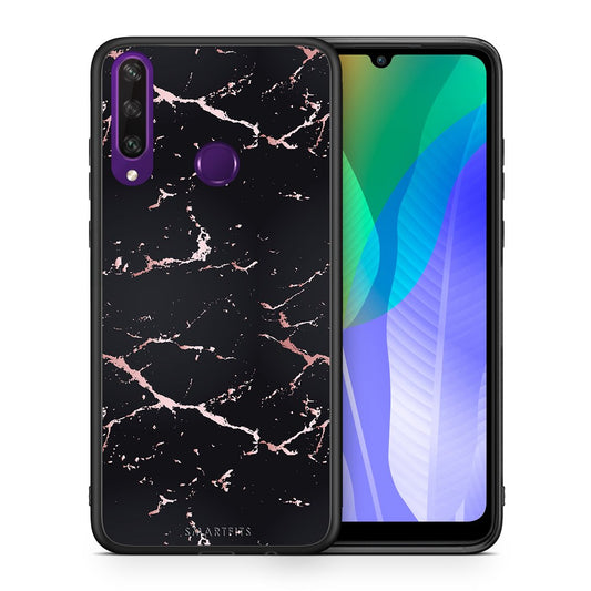 Θήκη Huawei Y6p Black Rosegold Marble από τη Smartfits με σχέδιο στο πίσω μέρος και μαύρο περίβλημα | Huawei Y6p Black Rosegold Marble case with colorful back and black bezels