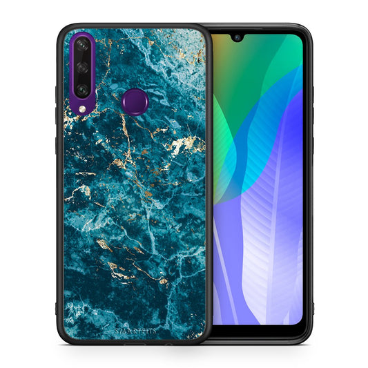 Θήκη Huawei Y6p Marble Blue από τη Smartfits με σχέδιο στο πίσω μέρος και μαύρο περίβλημα | Huawei Y6p Marble Blue case with colorful back and black bezels