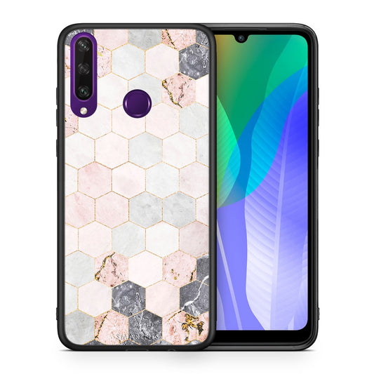 Θήκη Huawei Y6p Hexagon Pink Marble από τη Smartfits με σχέδιο στο πίσω μέρος και μαύρο περίβλημα | Huawei Y6p Hexagon Pink Marble case with colorful back and black bezels