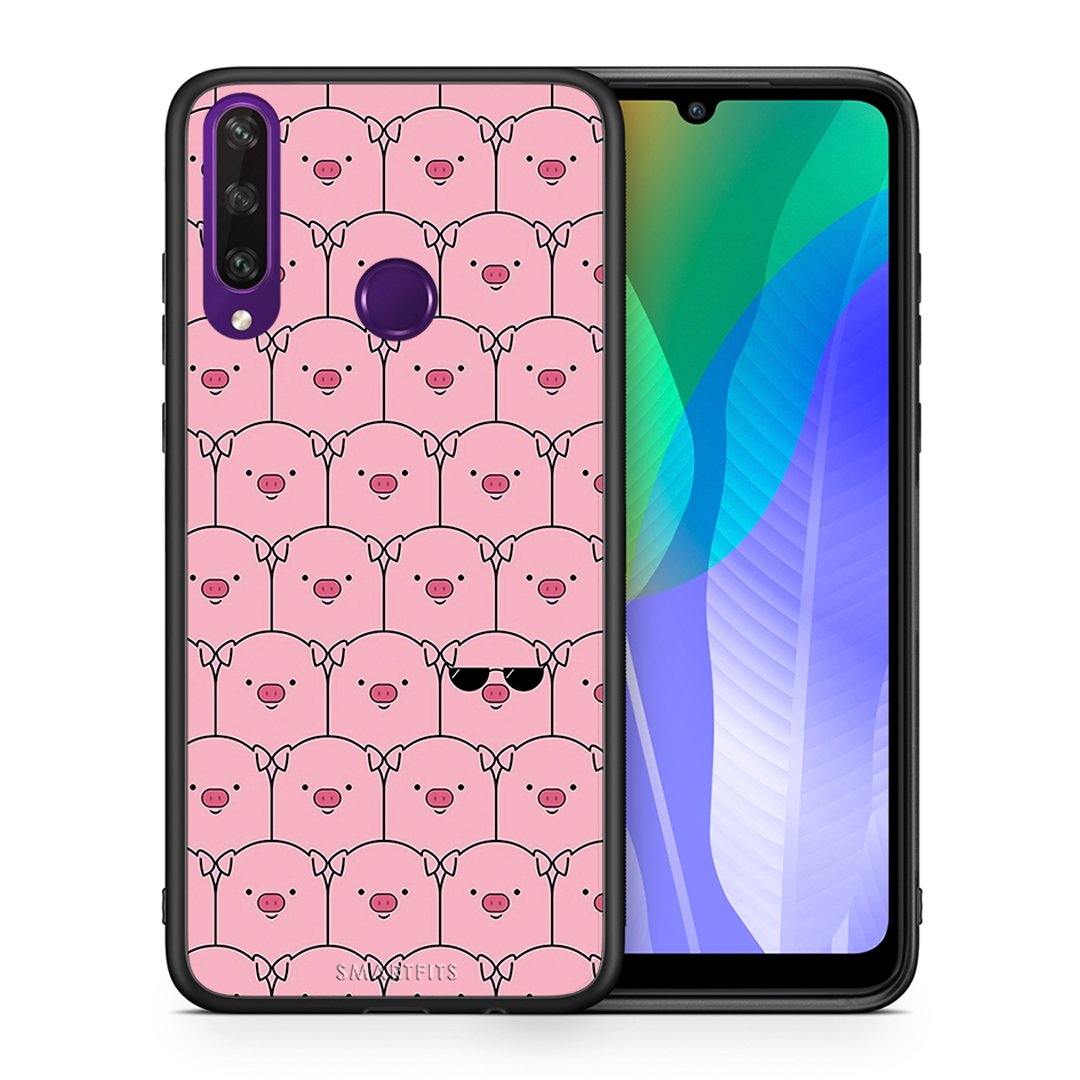 Θήκη Huawei Y6p Pig Glasses από τη Smartfits με σχέδιο στο πίσω μέρος και μαύρο περίβλημα | Huawei Y6p Pig Glasses case with colorful back and black bezels