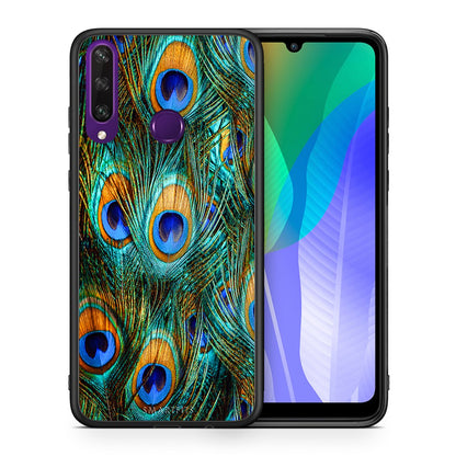 Θήκη Huawei Y6p Real Peacock Feathers από τη Smartfits με σχέδιο στο πίσω μέρος και μαύρο περίβλημα | Huawei Y6p Real Peacock Feathers case with colorful back and black bezels