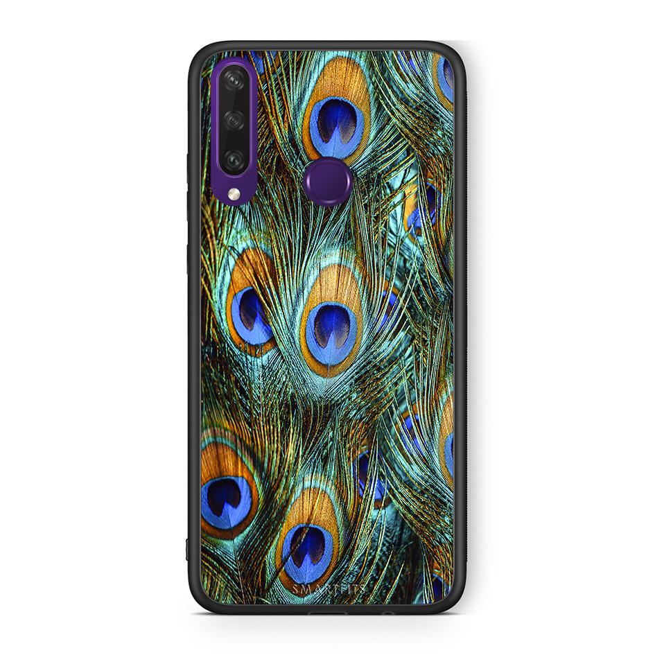 Huawei Y6p Real Peacock Feathers θήκη από τη Smartfits με σχέδιο στο πίσω μέρος και μαύρο περίβλημα | Smartphone case with colorful back and black bezels by Smartfits