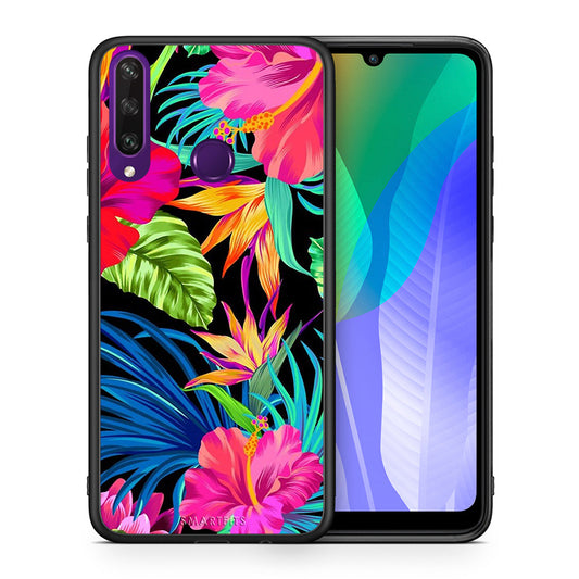 Θήκη Huawei Y6p Tropical Flowers από τη Smartfits με σχέδιο στο πίσω μέρος και μαύρο περίβλημα | Huawei Y6p Tropical Flowers case with colorful back and black bezels