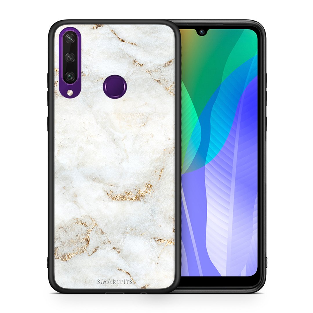 Θήκη Huawei Y6p White Gold Marble από τη Smartfits με σχέδιο στο πίσω μέρος και μαύρο περίβλημα | Huawei Y6p White Gold Marble case with colorful back and black bezels
