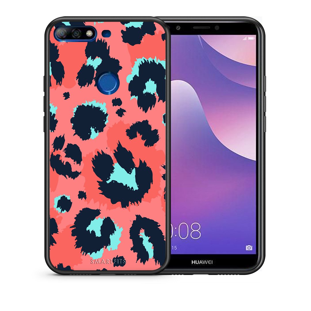 Θήκη Huawei Y7 2018 Pink Leopard Animal από τη Smartfits με σχέδιο στο πίσω μέρος και μαύρο περίβλημα | Huawei Y7 2018 Pink Leopard Animal case with colorful back and black bezels