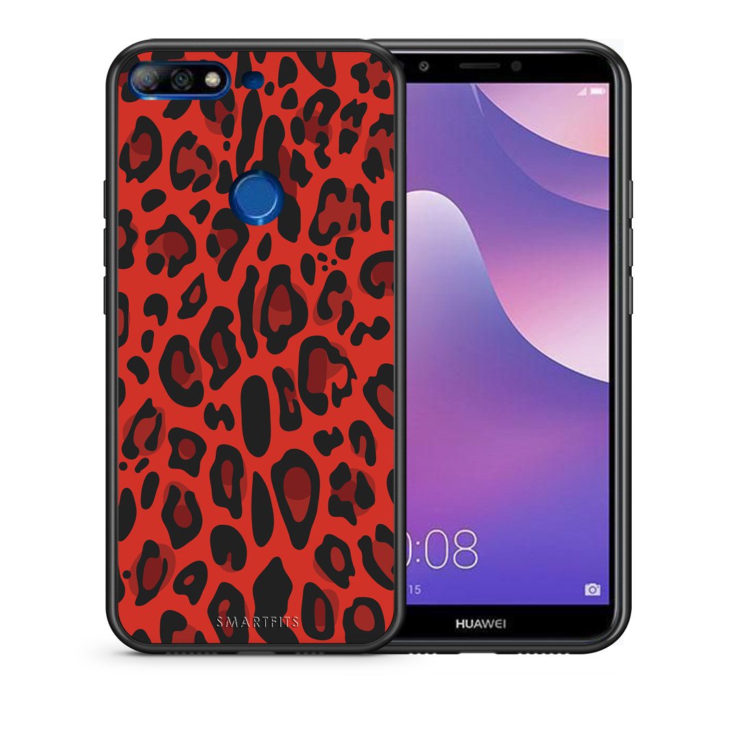 Θήκη Huawei Y7 2018 Red Leopard Animal από τη Smartfits με σχέδιο στο πίσω μέρος και μαύρο περίβλημα | Huawei Y7 2018 Red Leopard Animal case with colorful back and black bezels