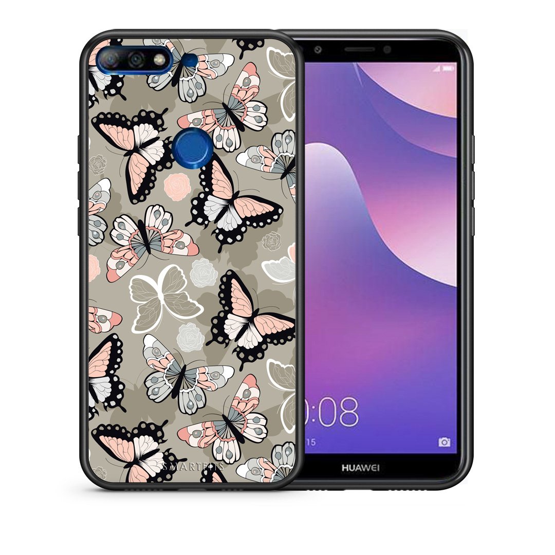 Θήκη Huawei Y7 2018 Butterflies Boho από τη Smartfits με σχέδιο στο πίσω μέρος και μαύρο περίβλημα | Huawei Y7 2018 Butterflies Boho case with colorful back and black bezels