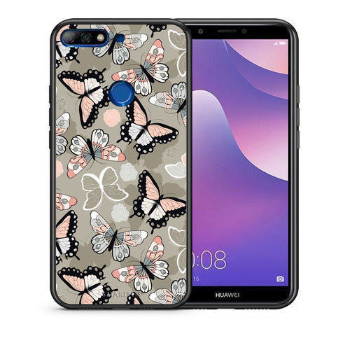 Θήκη Huawei Y7 2018 Butterflies Boho από τη Smartfits με σχέδιο στο πίσω μέρος και μαύρο περίβλημα | Huawei Y7 2018 Butterflies Boho case with colorful back and black bezels