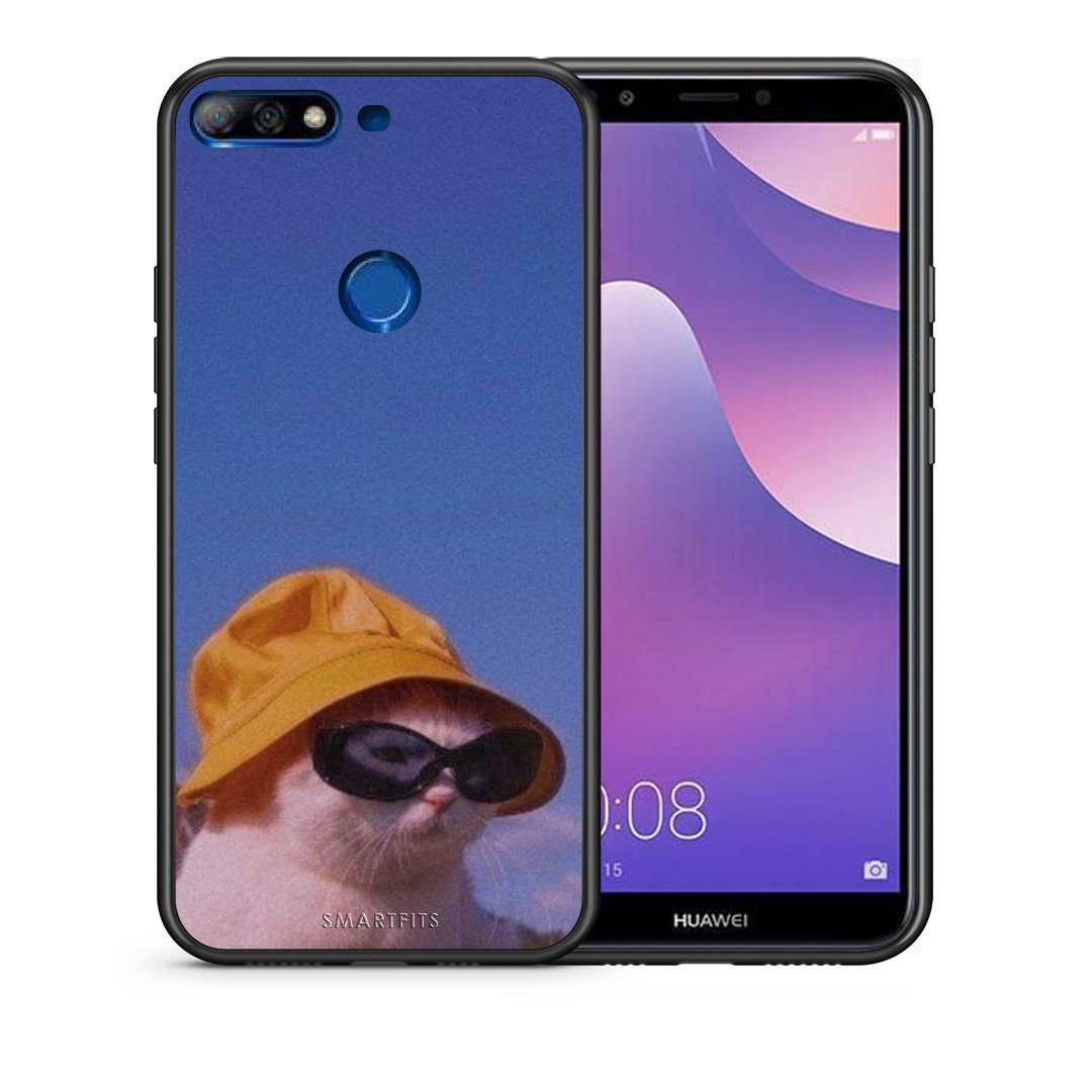 Θήκη Huawei Y7 2018 Cat Diva από τη Smartfits με σχέδιο στο πίσω μέρος και μαύρο περίβλημα | Huawei Y7 2018 Cat Diva case with colorful back and black bezels