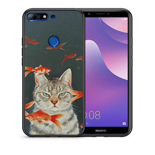 Θήκη Huawei Y7 2018 Cat Goldfish από τη Smartfits με σχέδιο στο πίσω μέρος και μαύρο περίβλημα | Huawei Y7 2018 Cat Goldfish case with colorful back and black bezels