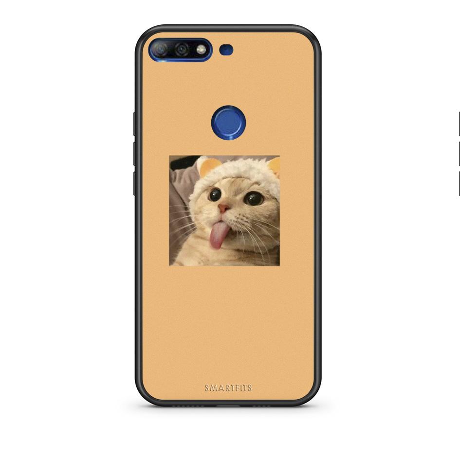 Huawei Y7 2018 Cat Tongue θήκη από τη Smartfits με σχέδιο στο πίσω μέρος και μαύρο περίβλημα | Smartphone case with colorful back and black bezels by Smartfits
