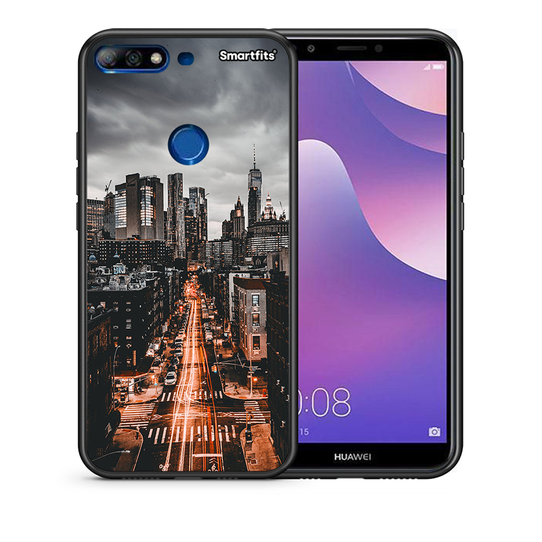 Θήκη Huawei Y7 2018 City Lights από τη Smartfits με σχέδιο στο πίσω μέρος και μαύρο περίβλημα | Huawei Y7 2018 City Lights case with colorful back and black bezels