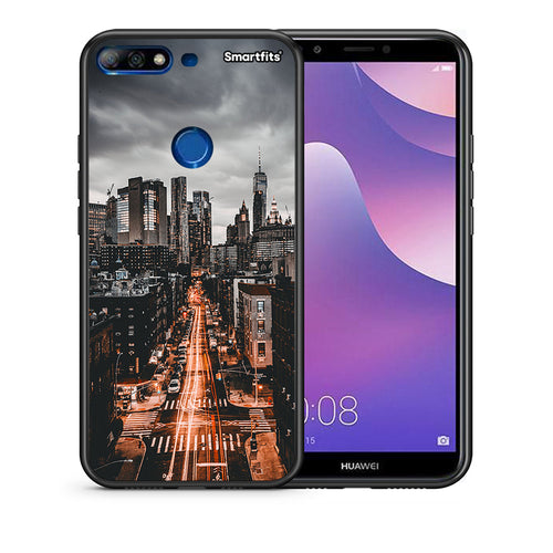 Θήκη Huawei Y7 2018 City Lights από τη Smartfits με σχέδιο στο πίσω μέρος και μαύρο περίβλημα | Huawei Y7 2018 City Lights case with colorful back and black bezels