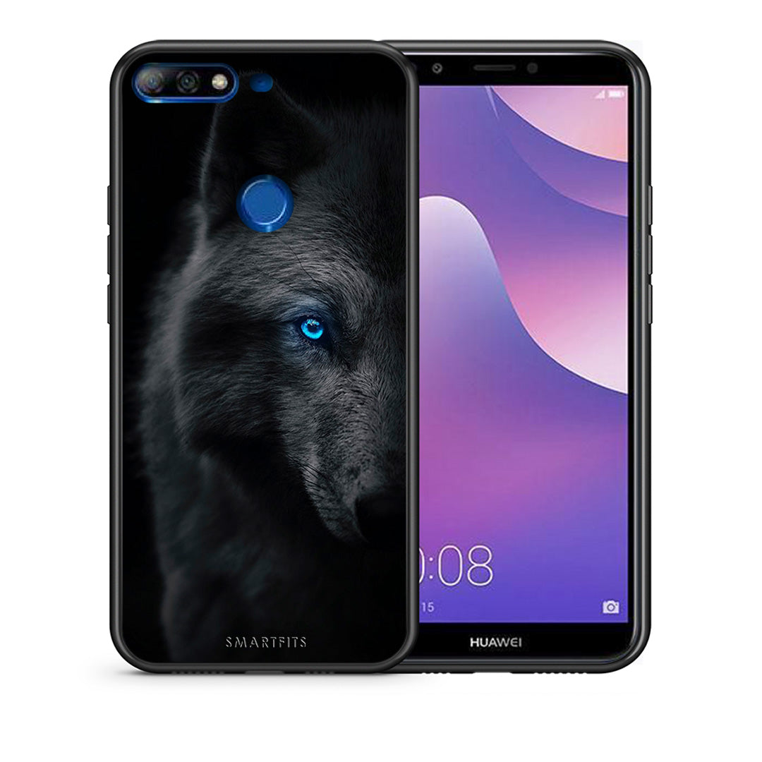 Θήκη Huawei Y7 2018 Dark Wolf από τη Smartfits με σχέδιο στο πίσω μέρος και μαύρο περίβλημα | Huawei Y7 2018 Dark Wolf case with colorful back and black bezels