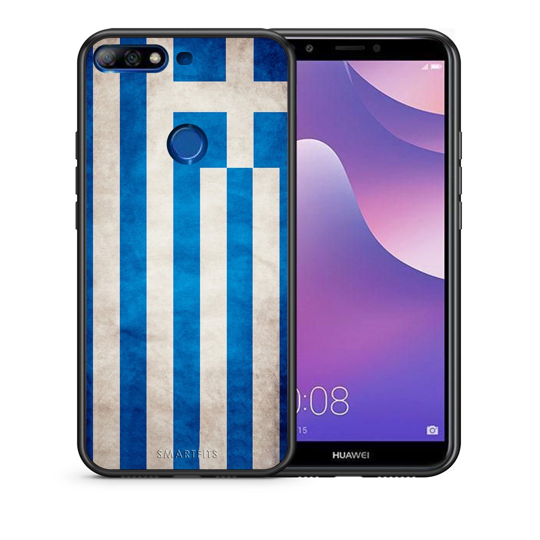 Θήκη Huawei Y7 2018 Greek Flag από τη Smartfits με σχέδιο στο πίσω μέρος και μαύρο περίβλημα | Huawei Y7 2018 Greek Flag case with colorful back and black bezels