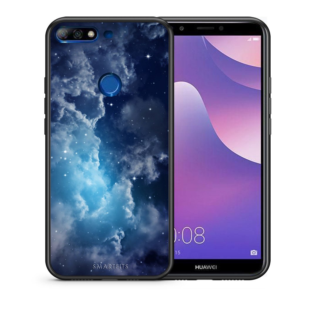 Θήκη Huawei Y7 2018 Blue Sky Galaxy από τη Smartfits με σχέδιο στο πίσω μέρος και μαύρο περίβλημα | Huawei Y7 2018 Blue Sky Galaxy case with colorful back and black bezels