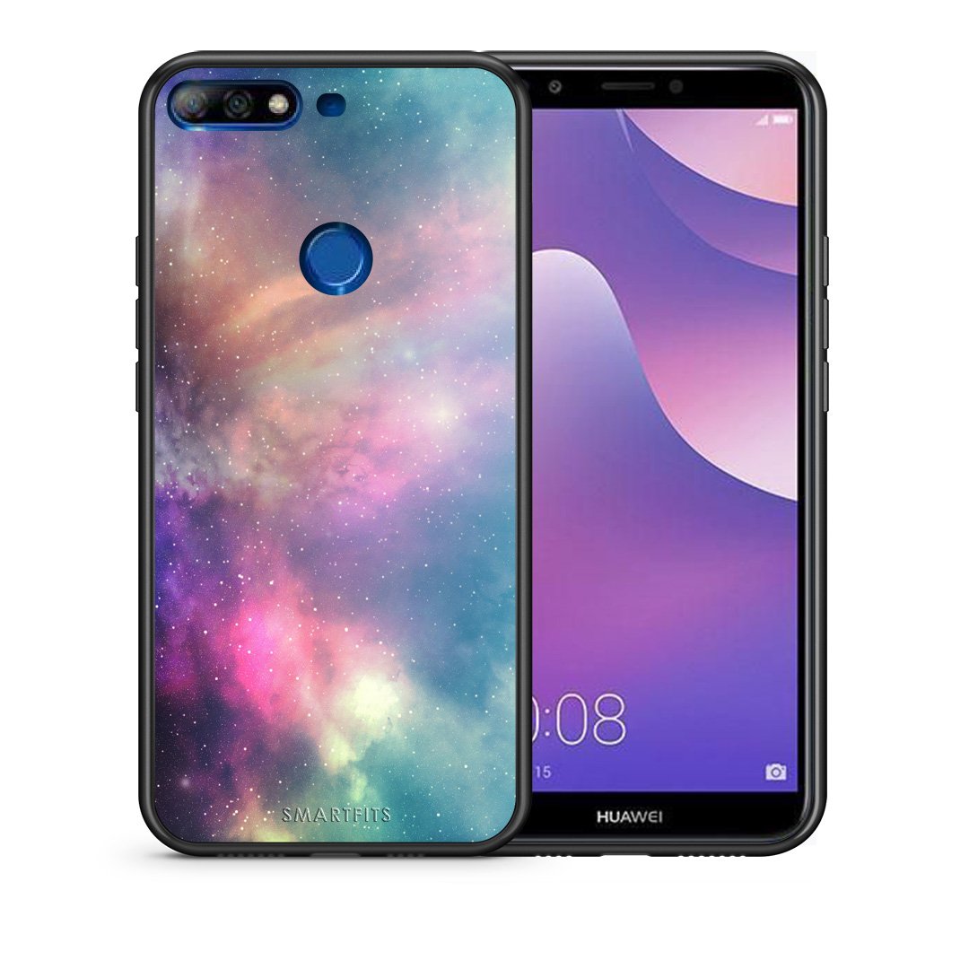 Θήκη Huawei Y7 2018 Rainbow Galaxy από τη Smartfits με σχέδιο στο πίσω μέρος και μαύρο περίβλημα | Huawei Y7 2018 Rainbow Galaxy case with colorful back and black bezels