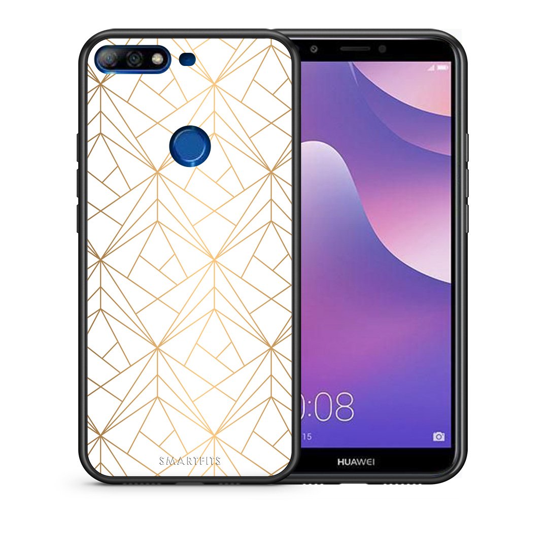 Θήκη Huawei Y7 2018 Luxury White Geometric από τη Smartfits με σχέδιο στο πίσω μέρος και μαύρο περίβλημα | Huawei Y7 2018 Luxury White Geometric case with colorful back and black bezels