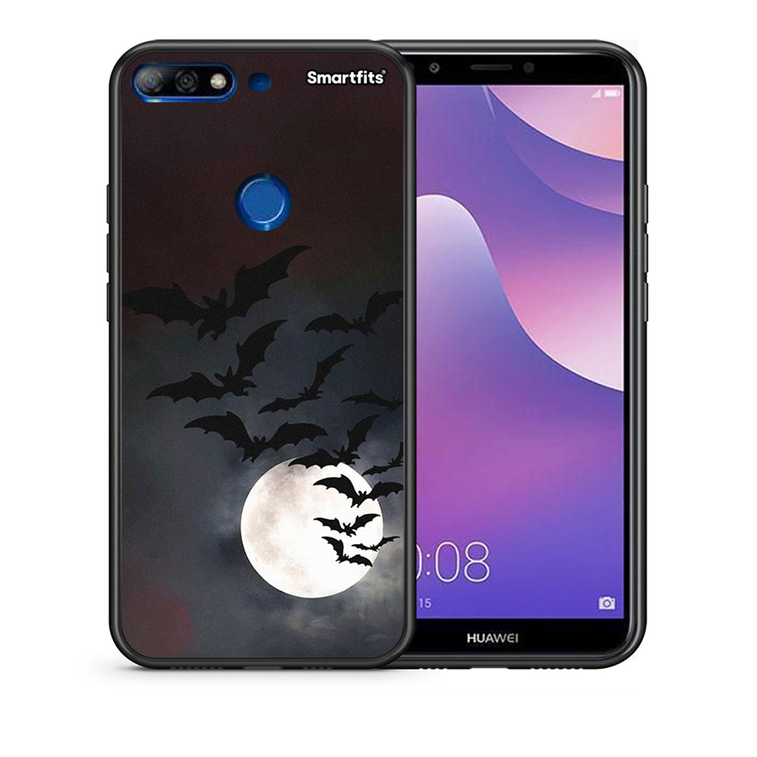 Θήκη Huawei Y7 2018 Halloween Bat Night από τη Smartfits με σχέδιο στο πίσω μέρος και μαύρο περίβλημα | Huawei Y7 2018 Halloween Bat Night case with colorful back and black bezels