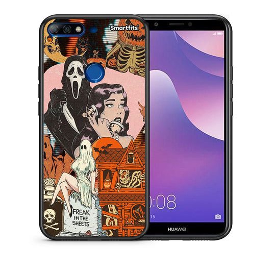 Θήκη Huawei Y7 2018 Halloween Collage από τη Smartfits με σχέδιο στο πίσω μέρος και μαύρο περίβλημα | Huawei Y7 2018 Halloween Collage case with colorful back and black bezels