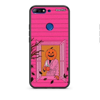 Huawei Y7 2018 Halloween Pumpkin Lady Θήκη από τη Smartfits με σχέδιο στο πίσω μέρος και μαύρο περίβλημα | Smartphone case with colorful back and black bezels by Smartfits