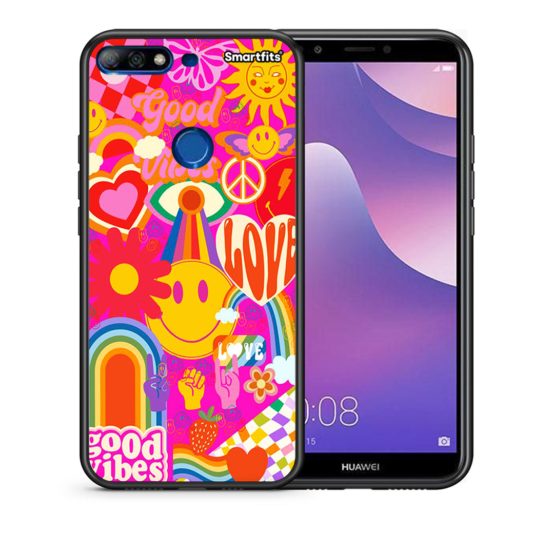 Θήκη Huawei Y7 2018 Hippie Love από τη Smartfits με σχέδιο στο πίσω μέρος και μαύρο περίβλημα | Huawei Y7 2018 Hippie Love case with colorful back and black bezels