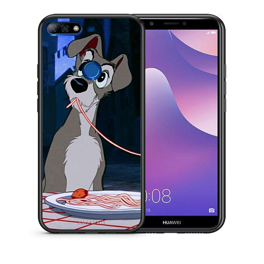 Θήκη Αγίου Βαλεντίνου Huawei Y7 2018 Lady And Tramp 1 από τη Smartfits με σχέδιο στο πίσω μέρος και μαύρο περίβλημα | Huawei Y7 2018 Lady And Tramp 1 case with colorful back and black bezels
