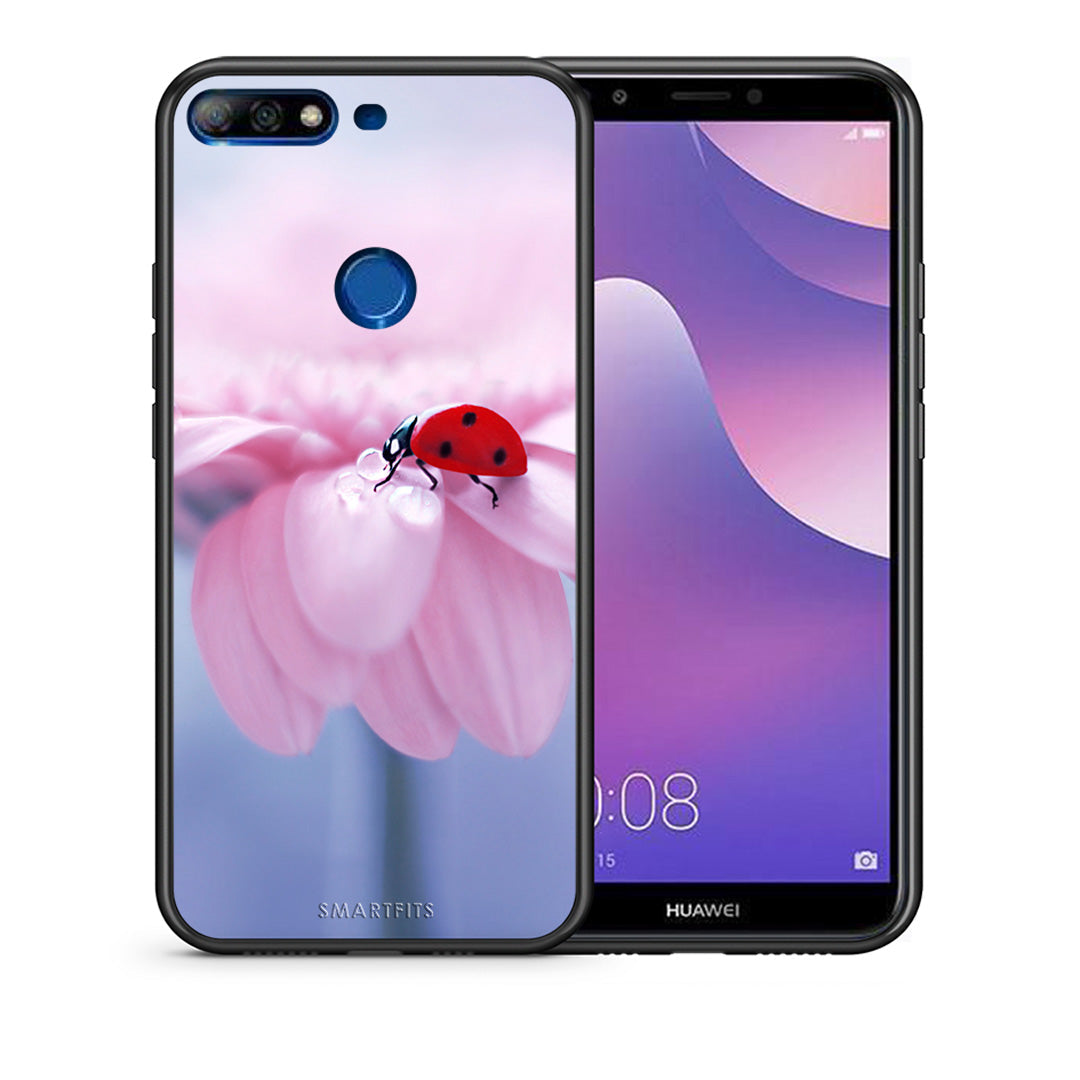 Θήκη Huawei Y7 2018 Ladybug Flower από τη Smartfits με σχέδιο στο πίσω μέρος και μαύρο περίβλημα | Huawei Y7 2018 Ladybug Flower case with colorful back and black bezels