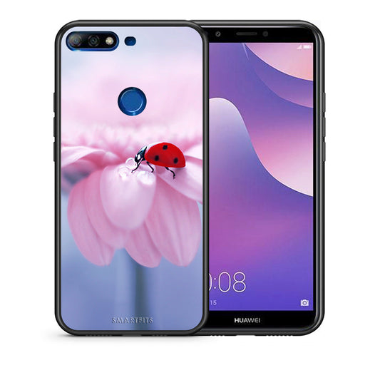 Θήκη Huawei Y7 2018 Ladybug Flower από τη Smartfits με σχέδιο στο πίσω μέρος και μαύρο περίβλημα | Huawei Y7 2018 Ladybug Flower case with colorful back and black bezels