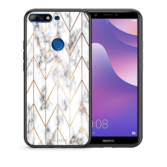 Θήκη Huawei Y7 2018 Gold Geometric Marble από τη Smartfits με σχέδιο στο πίσω μέρος και μαύρο περίβλημα | Huawei Y7 2018 Gold Geometric Marble case with colorful back and black bezels