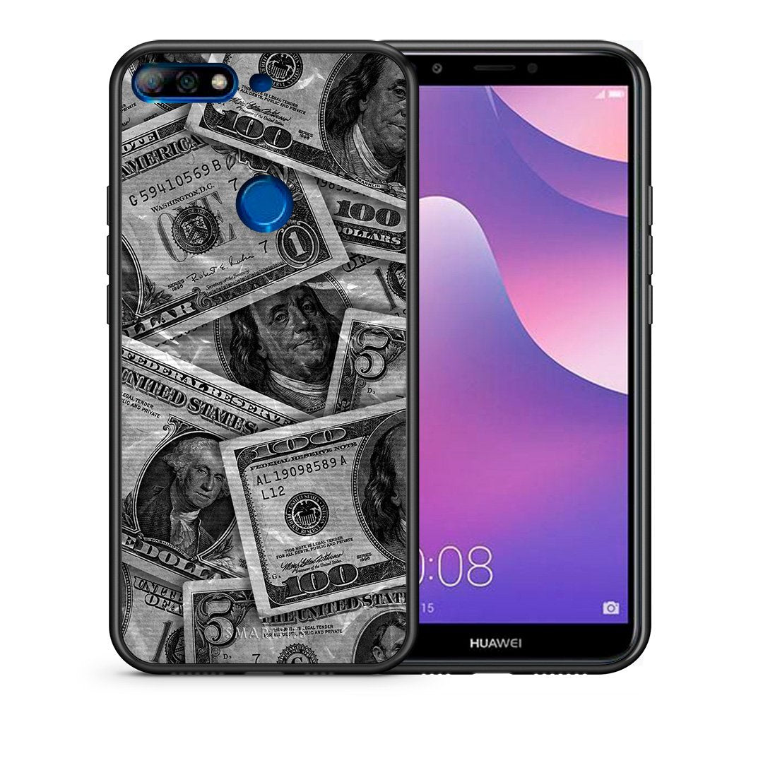 Θήκη Huawei Y7 2018 Money Dollars από τη Smartfits με σχέδιο στο πίσω μέρος και μαύρο περίβλημα | Huawei Y7 2018 Money Dollars case with colorful back and black bezels