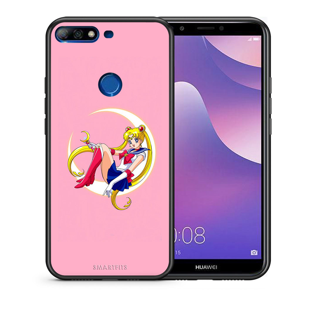 Θήκη Huawei Y7 2018 Moon Girl από τη Smartfits με σχέδιο στο πίσω μέρος και μαύρο περίβλημα | Huawei Y7 2018 Moon Girl case with colorful back and black bezels