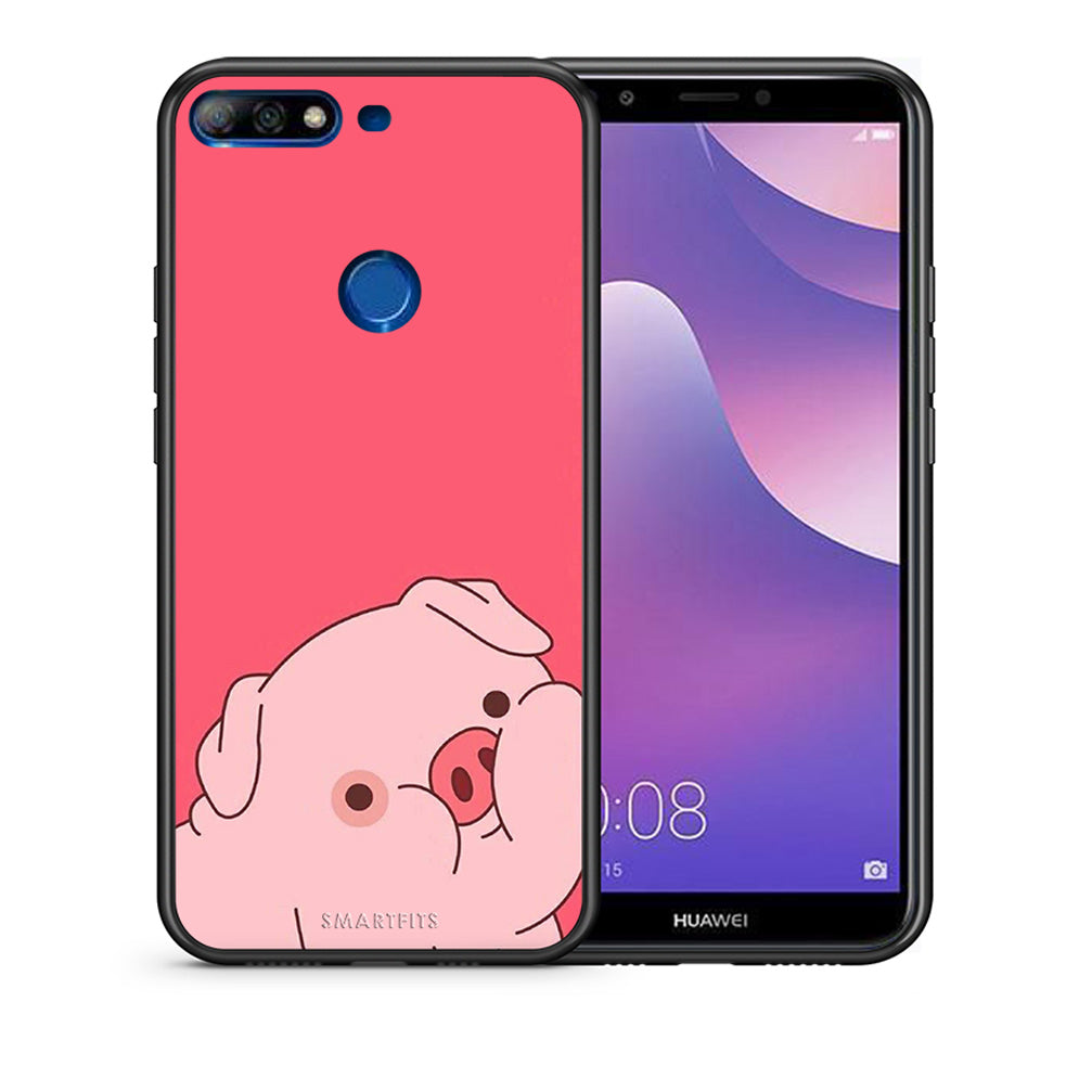 Θήκη Αγίου Βαλεντίνου Huawei Y7 2018 Pig Love 1 από τη Smartfits με σχέδιο στο πίσω μέρος και μαύρο περίβλημα | Huawei Y7 2018 Pig Love 1 case with colorful back and black bezels