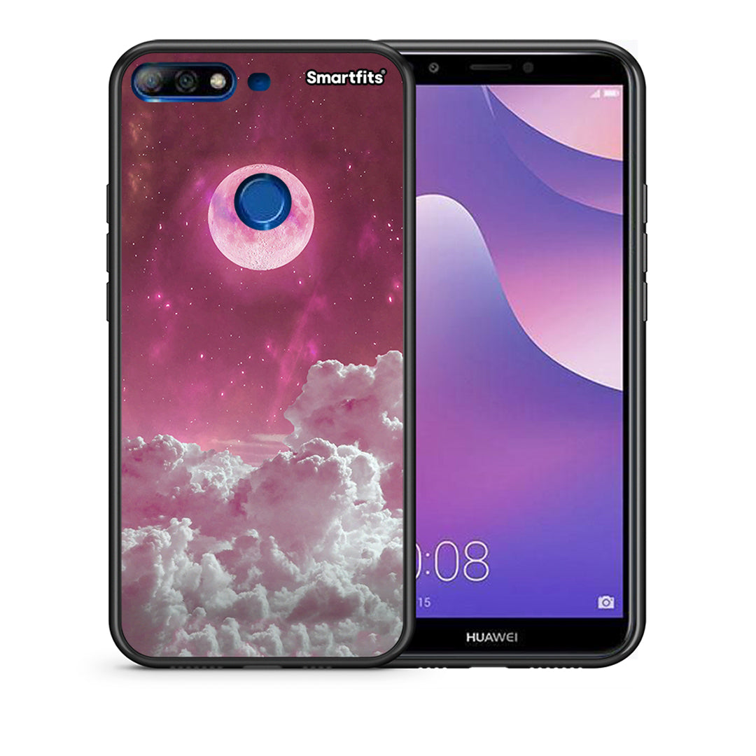 Θήκη Huawei Y7 2018 Pink Moon από τη Smartfits με σχέδιο στο πίσω μέρος και μαύρο περίβλημα | Huawei Y7 2018 Pink Moon case with colorful back and black bezels