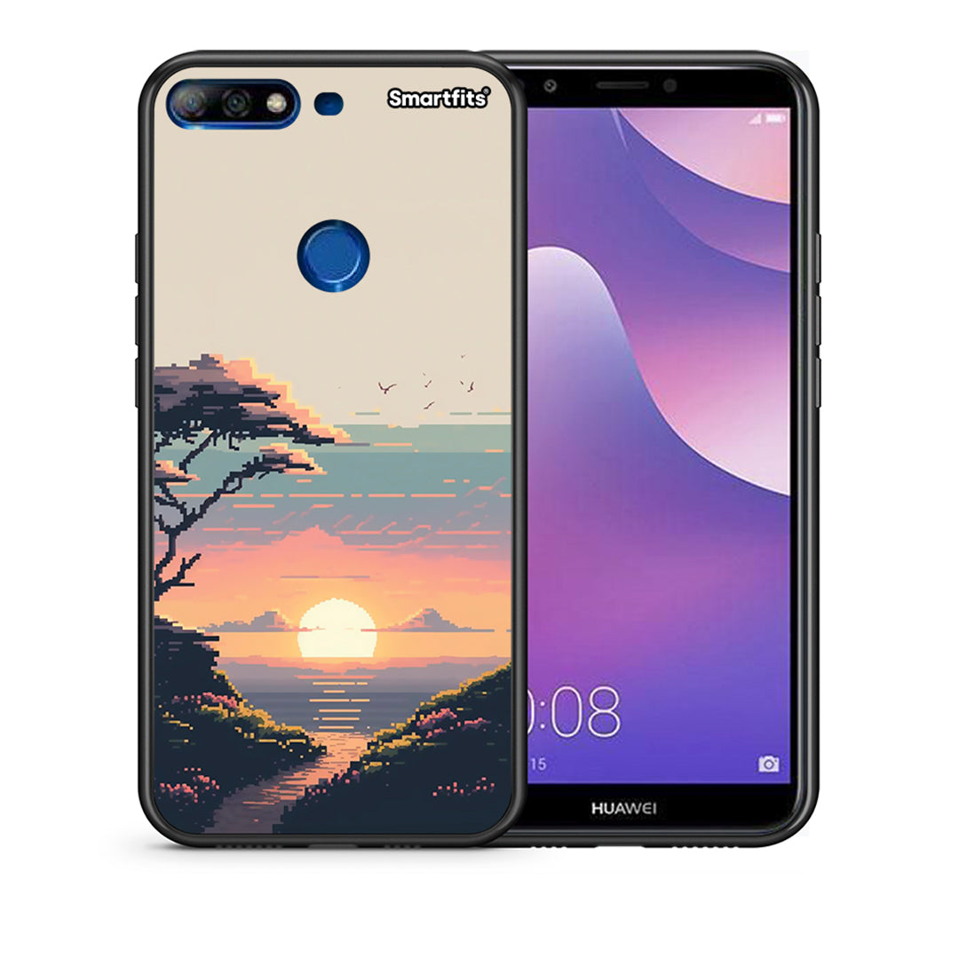 Θήκη Huawei Y7 2018 Pixel Sunset από τη Smartfits με σχέδιο στο πίσω μέρος και μαύρο περίβλημα | Huawei Y7 2018 Pixel Sunset case with colorful back and black bezels