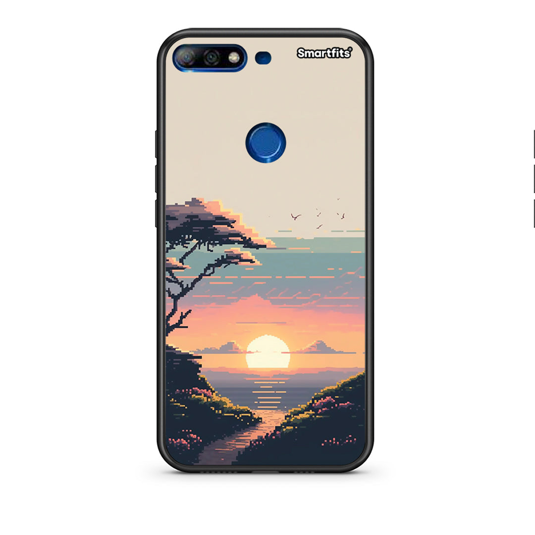 Huawei Y7 2018 Pixel Sunset Θήκη από τη Smartfits με σχέδιο στο πίσω μέρος και μαύρο περίβλημα | Smartphone case with colorful back and black bezels by Smartfits